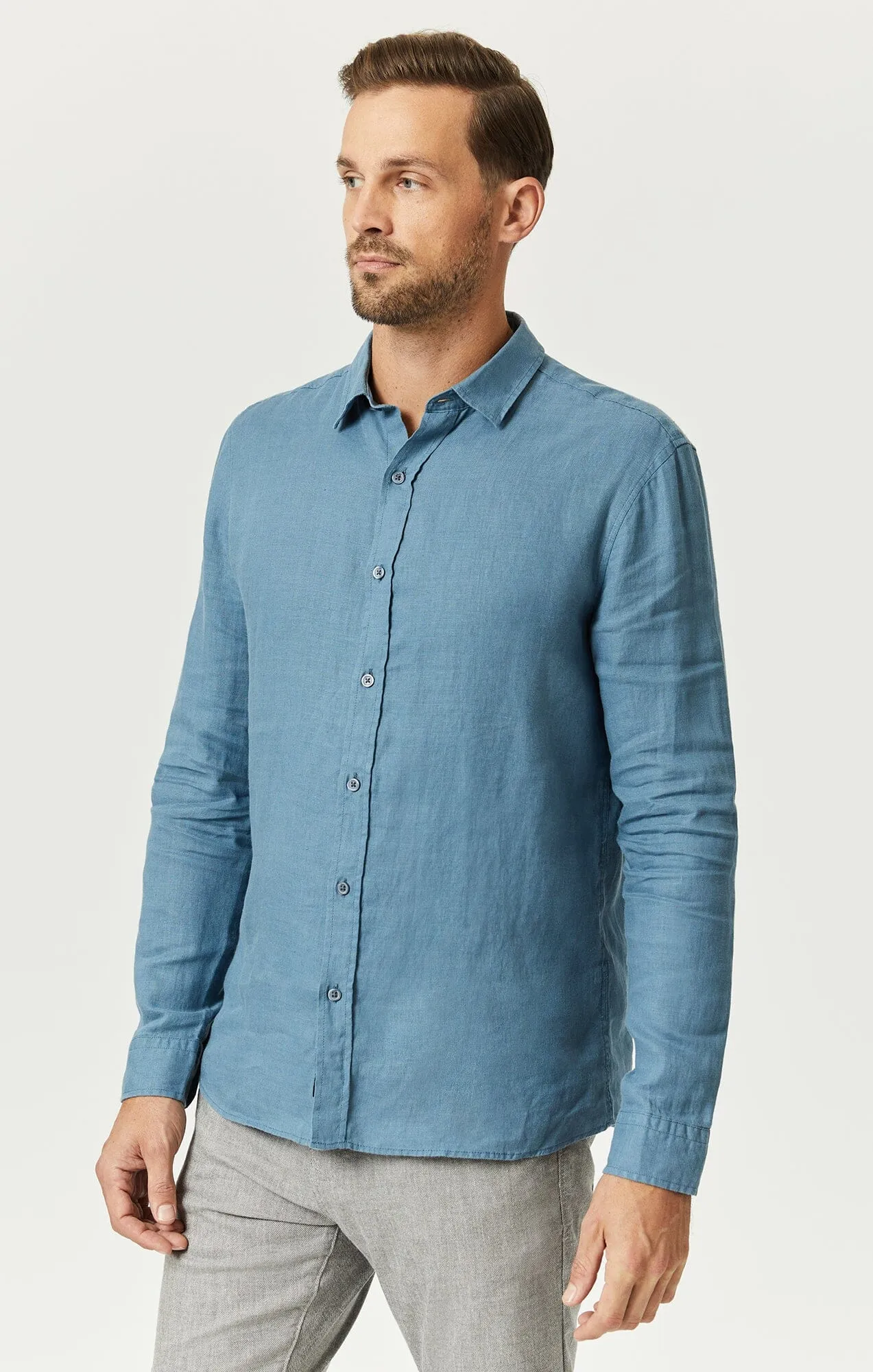 LINEN BUTTON-UP SHIRT IN BLUESTONE