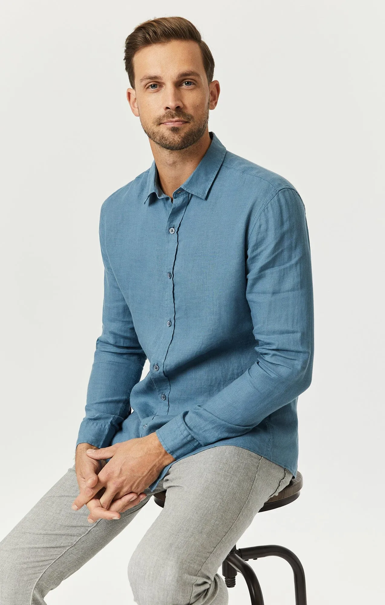 LINEN BUTTON-UP SHIRT IN BLUESTONE