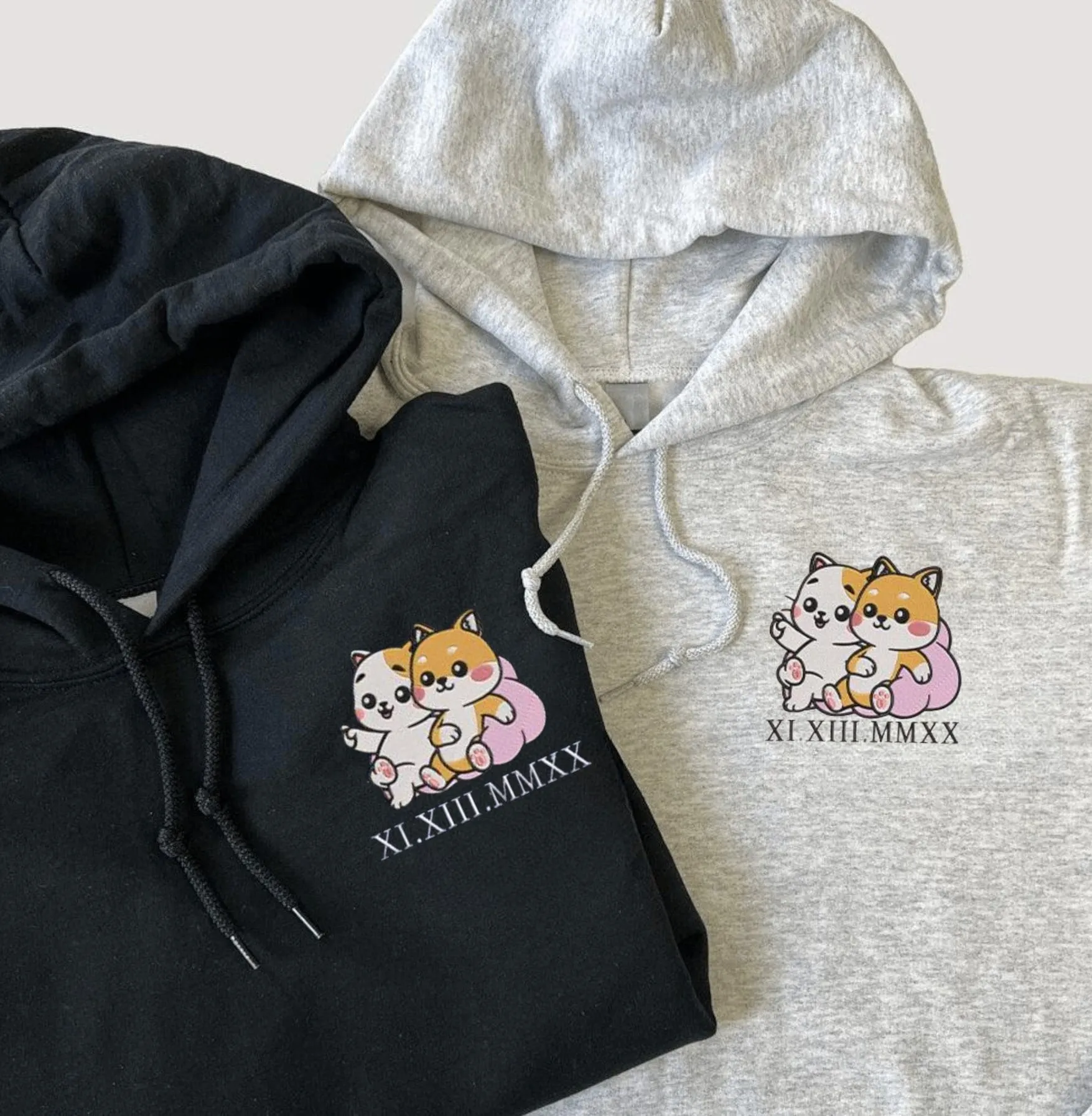 "Cat x Dog Custom Roman Numeral" Couple Sweatshirts - Personalized Embroidered Hoodies For Couples