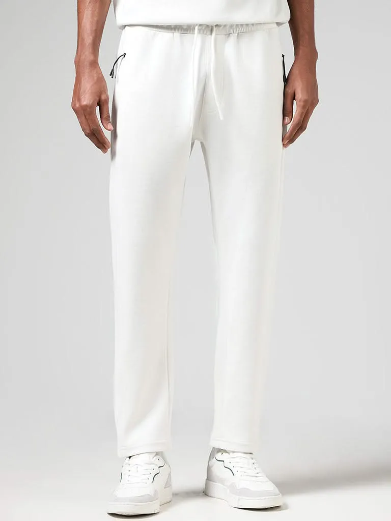 Studiofit Solid White Cotton Blend Relaxed-Fit Mid-Rise Track Pants