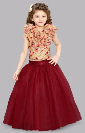 Yellow & Maroon  Floral Top with Tulle Skirt